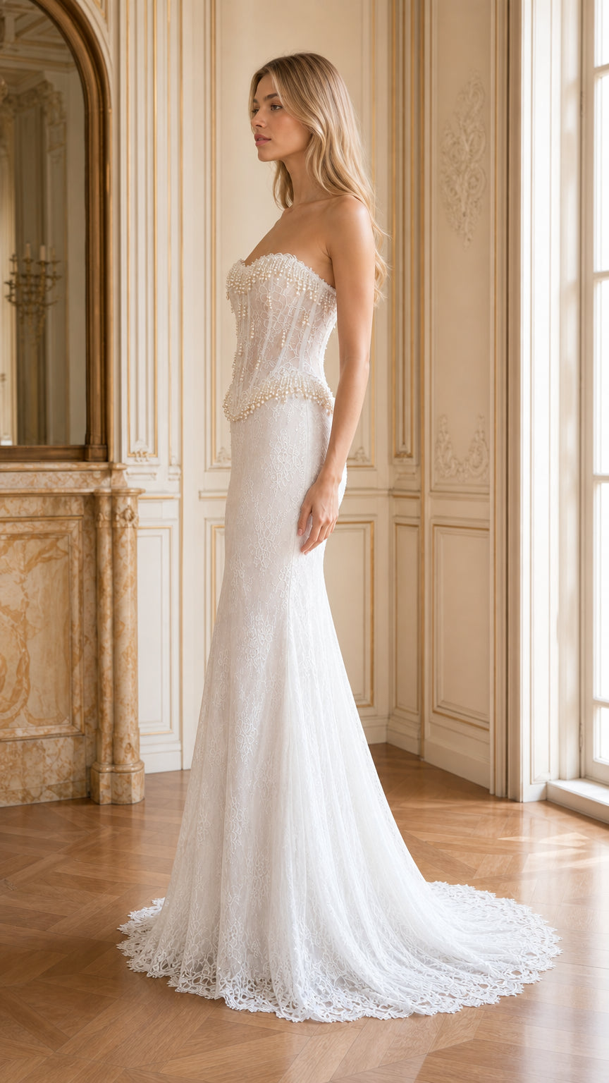 Side profile view of white lace mermaid evening gown with sweep train