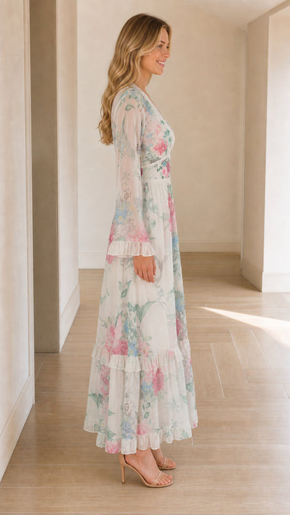 Side profile view of woman wearing white floral chiffon maxi dress