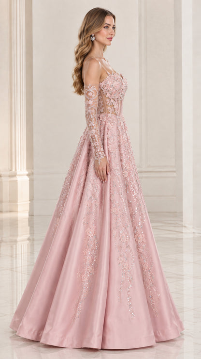 Side profile of Blush Pink floor-length formal evening gown