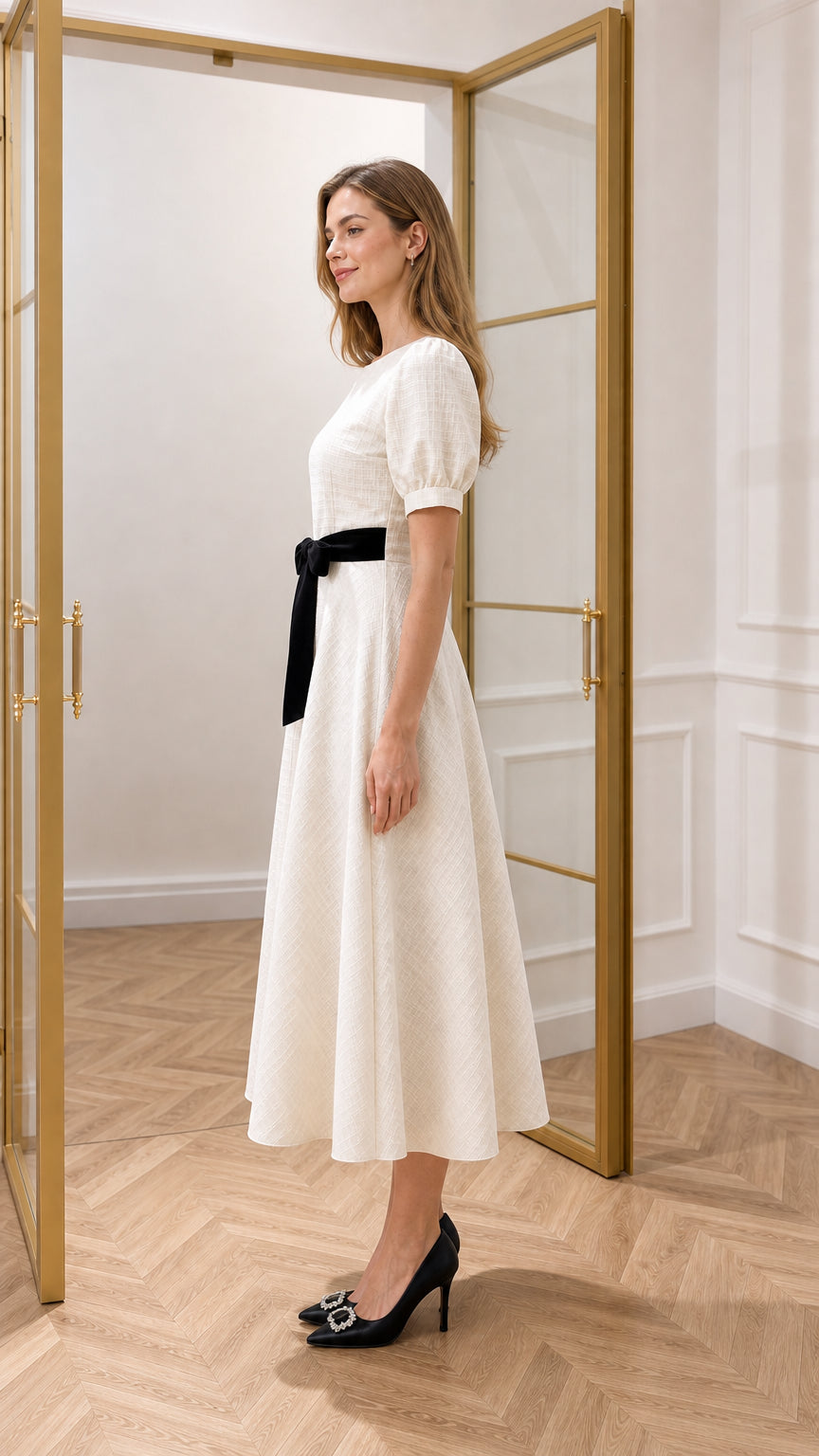 Side profile view of cream puff sleeve A-line midi dress