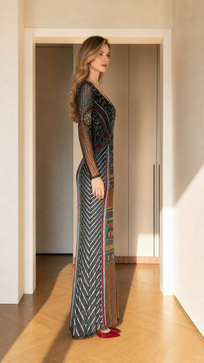 Side profile of black multicolor beaded floor-length formal gown