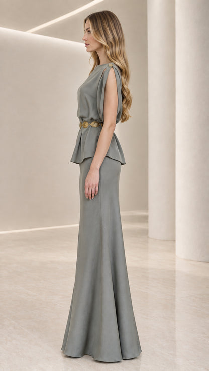 Sage green peplum maxi dress side profile view