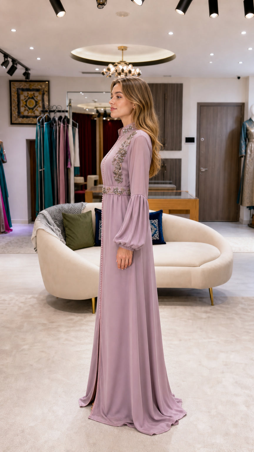 Side angle view of flowing mauve kaftan dress with beaded waist