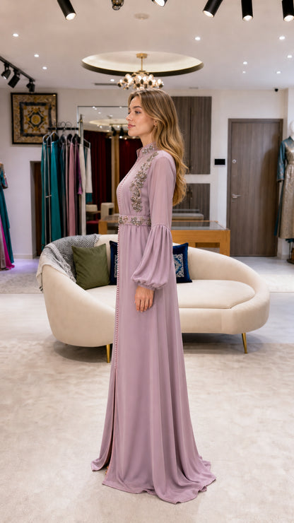Side angle view of flowing mauve kaftan dress with beaded waist