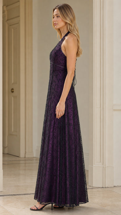 Side profile view of deep purple halter evening dress with A-line skirt