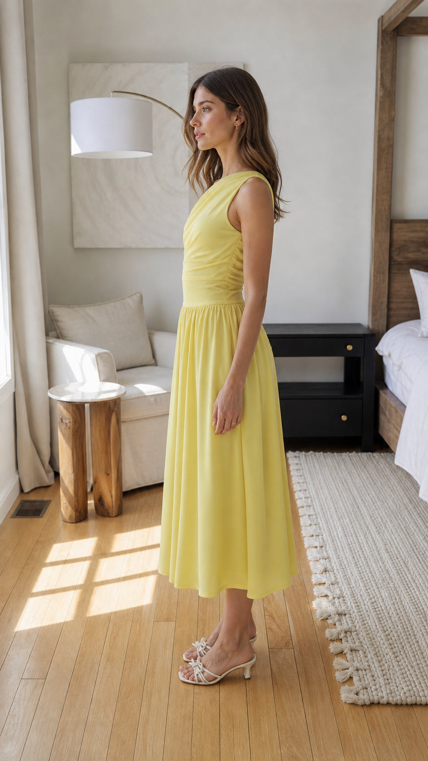 Side profile view of yellow one-shoulder midi dress