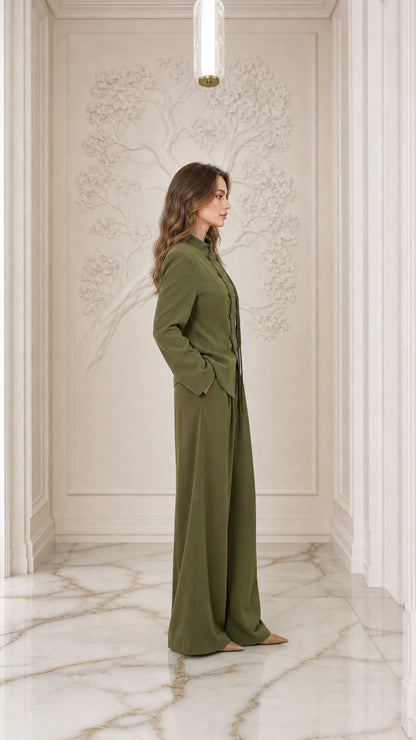 Side profile of woman wearing Olive Green tailored suit set