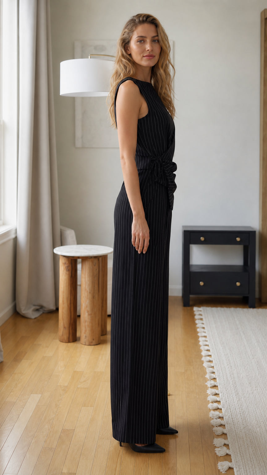Side profile of woman wearing black pinstripe jumpsuit