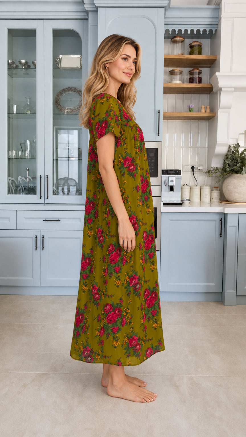 Side profile view of model wearing olive green floral print house dress