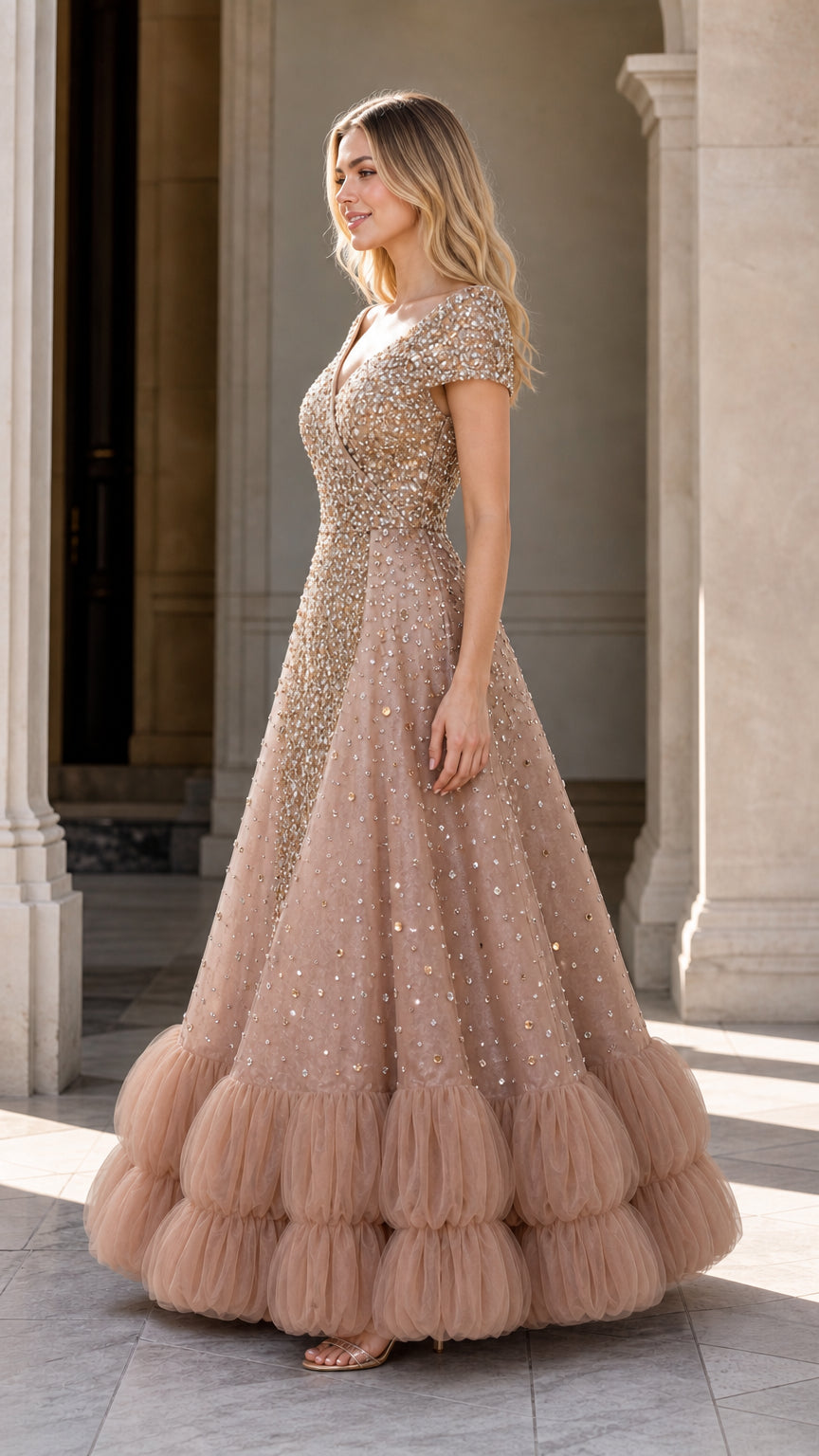 Side profile of model wearing champagne sequin ball gown with flared skirt