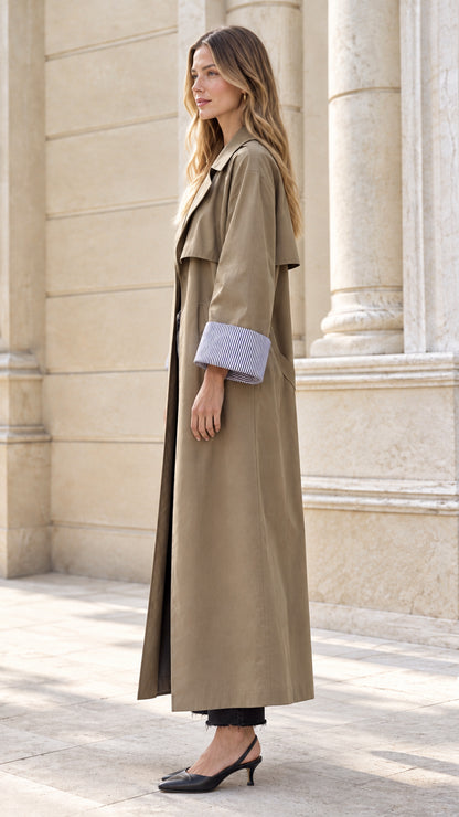 Side angle of khaki longline trench coat showing full drape and length