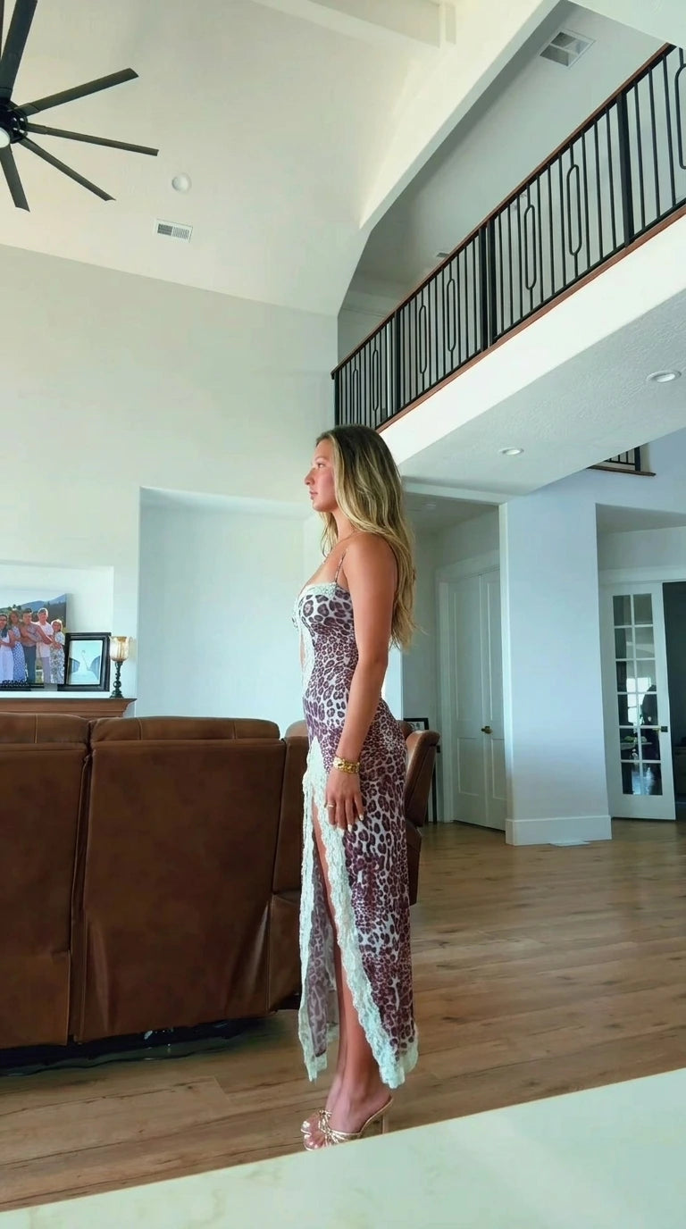 Side profile view of leopard print cutout dress