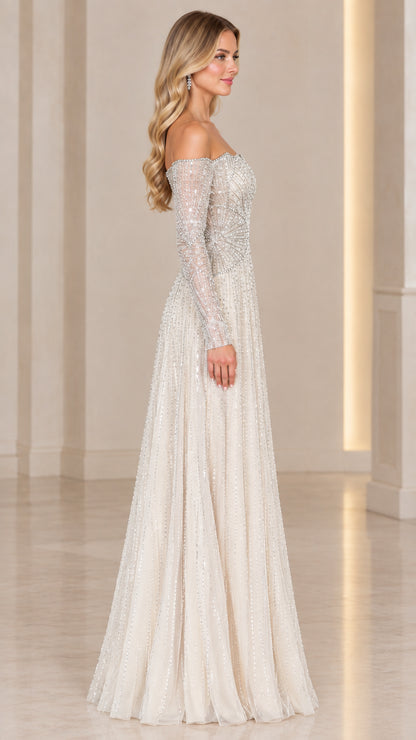 Side profile of elegant champagne embellished A-line formal maxi dress