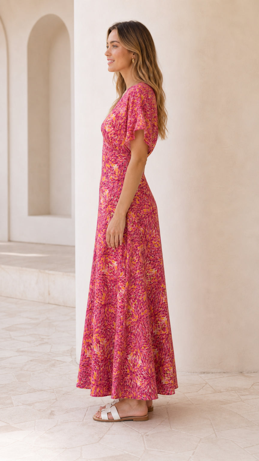 Side profile view of model wearing fuchsia pink floral A-line maxi dress