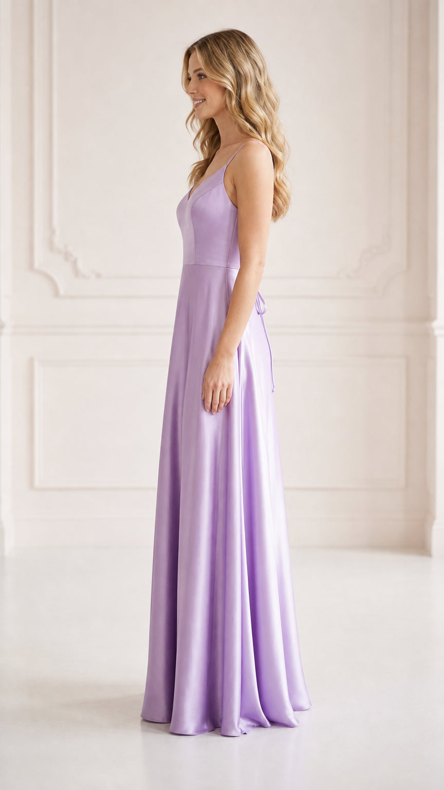 Side profile of model wearing lilac floor-length satin formal dress