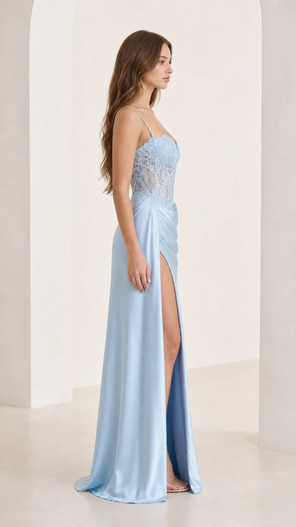 Side profile view of light blue formal dress