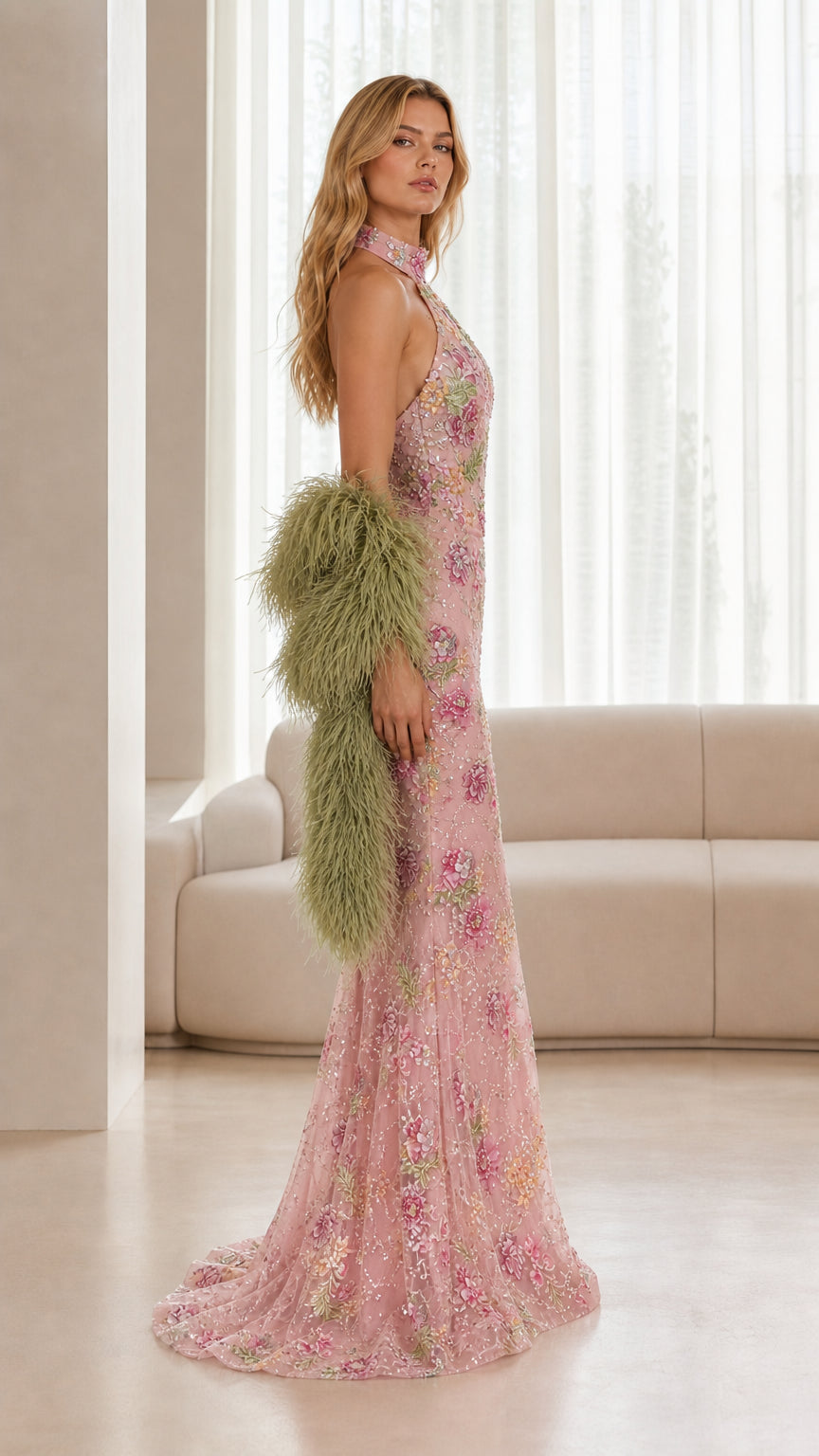 Blush pink sequin floral formal gown side profile view