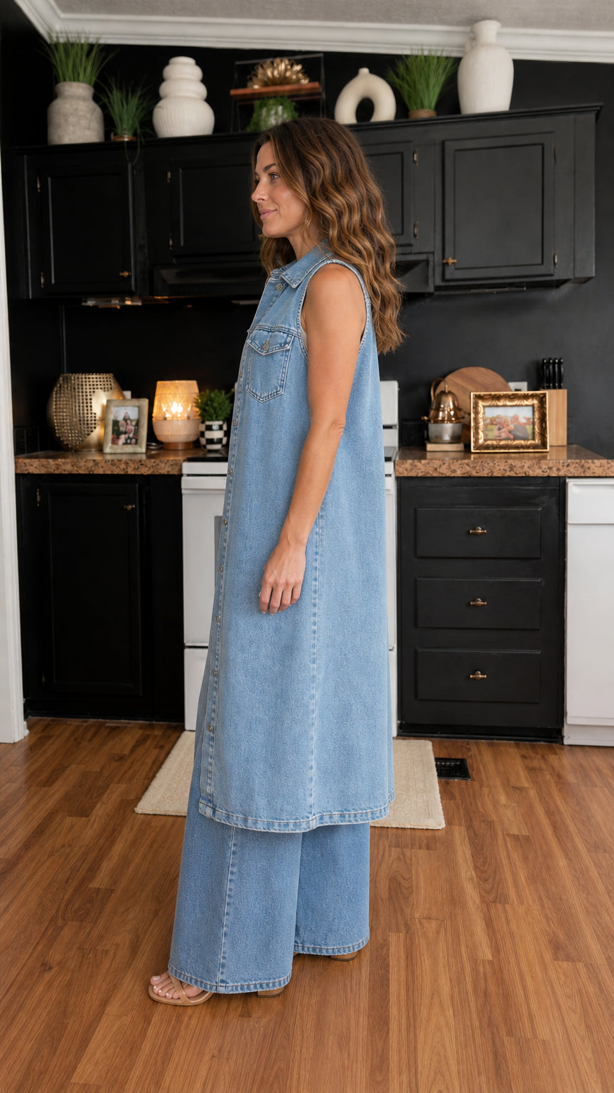 Side profile of woman wearing light blue longline denim vest
