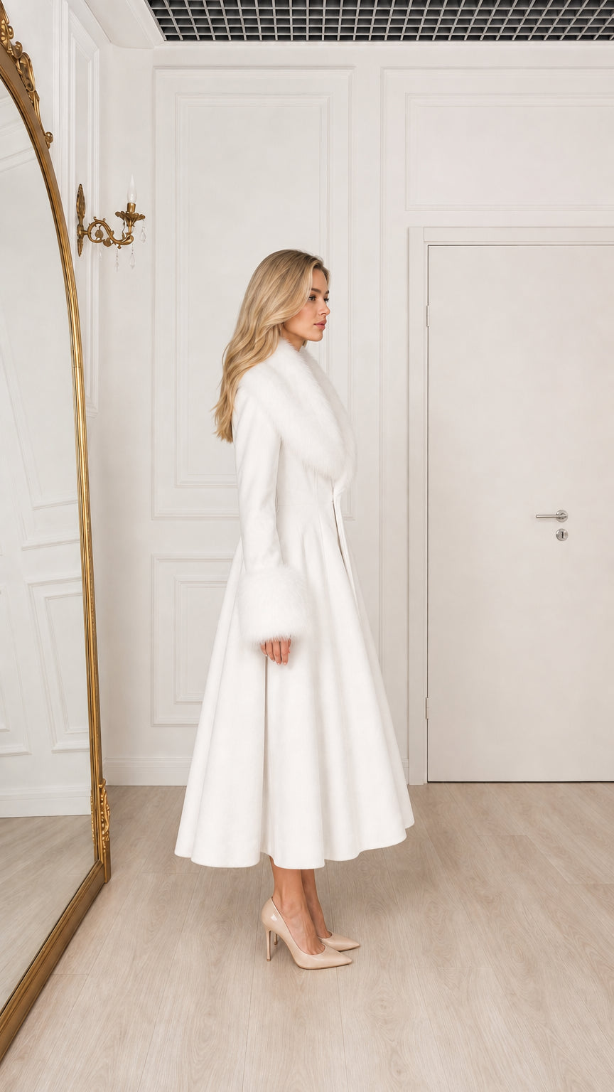 Model in white princess swing coat with fur trim side angle view