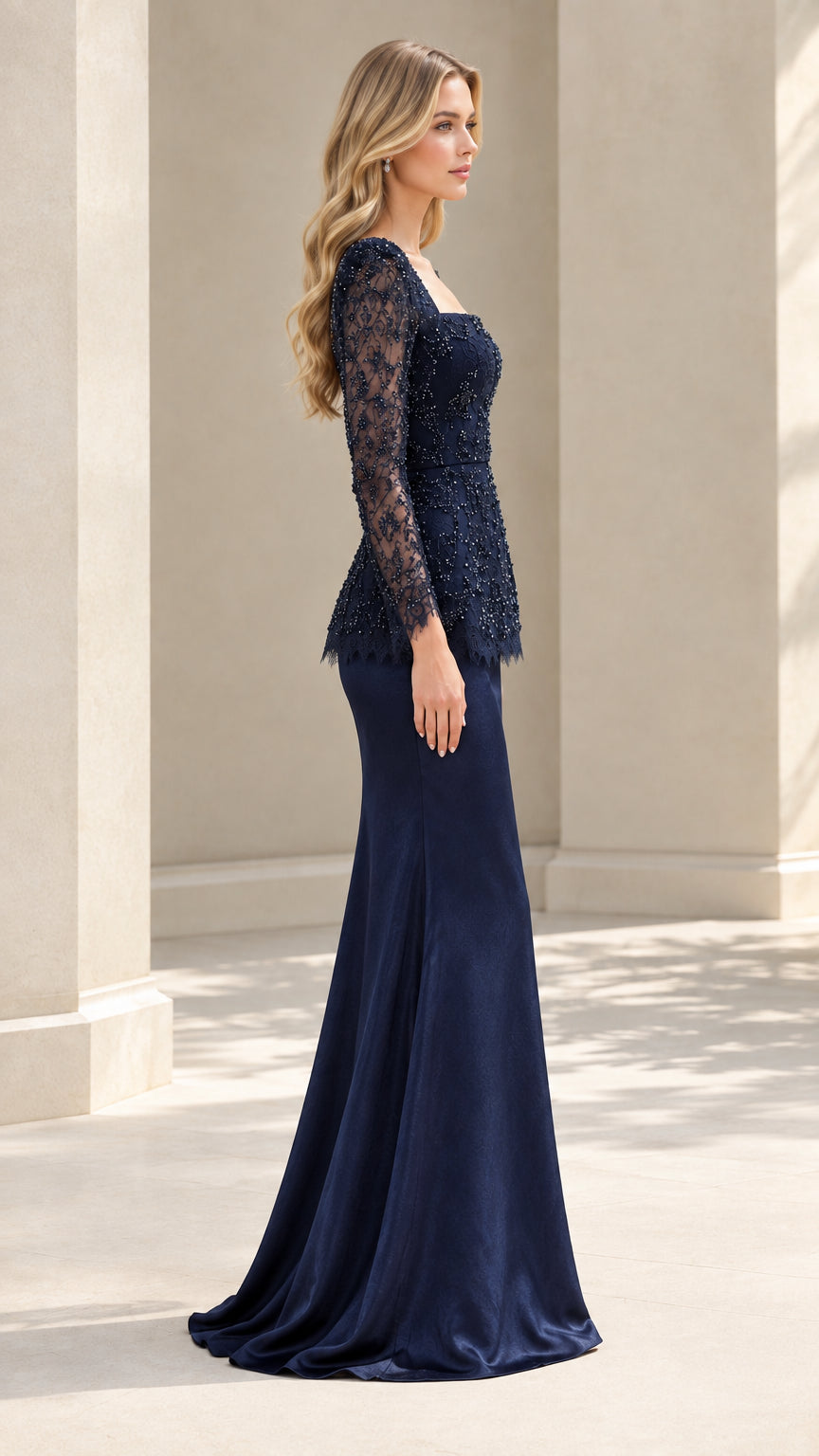 Side profile of woman wearing Navy Blue formal gown with sheer beaded lace bodice