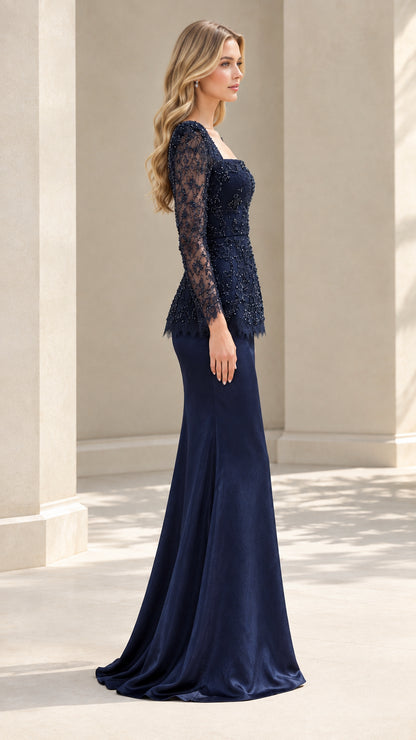 Side profile of woman wearing Navy Blue formal gown with sheer beaded lace bodice