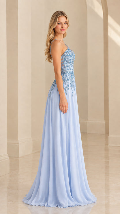 Sky blue one-shoulder chiffon formal dress side profile view