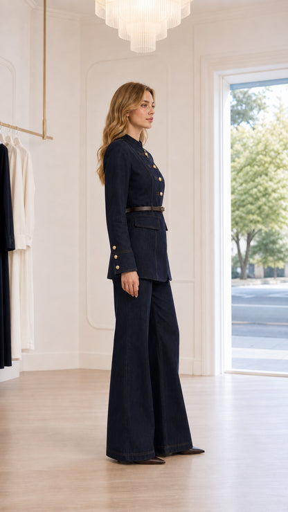 Side angle view of woman in dark navy blue tailored 2-piece pantsuit