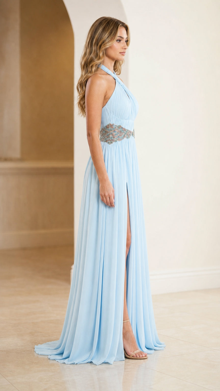 Side profile of light blue evening dress