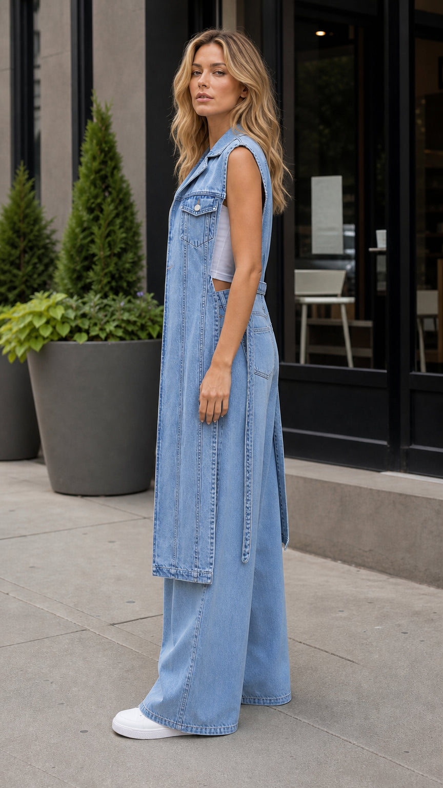 Side profile view of light blue denim vest and pants outfit