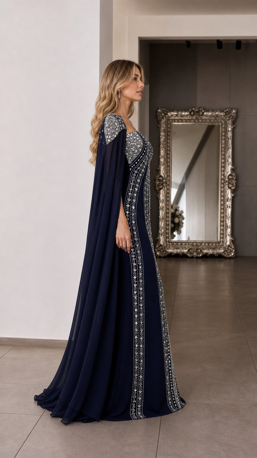 Side angle of navy blue formal cape evening dress showing crystal embellishments