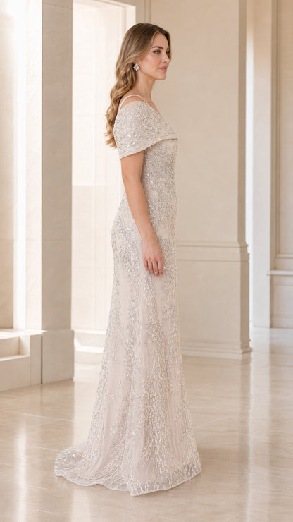 Side profile view of champagne evening gown