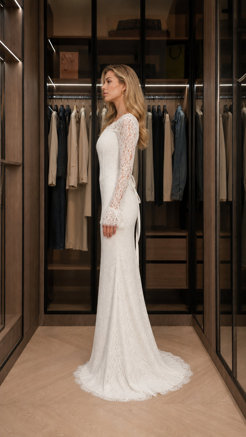 Side profile of woman in white lace floor-length evening gown
