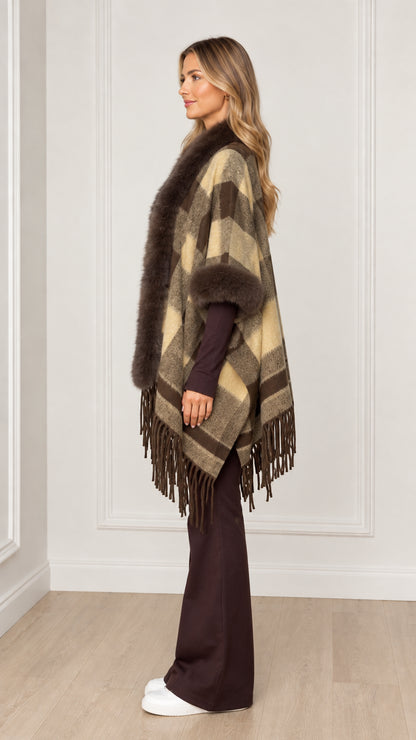 Side view of olive khaki plaid faux fur trimmed cape wrap