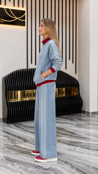 Side profile of model in Light Blue denim set