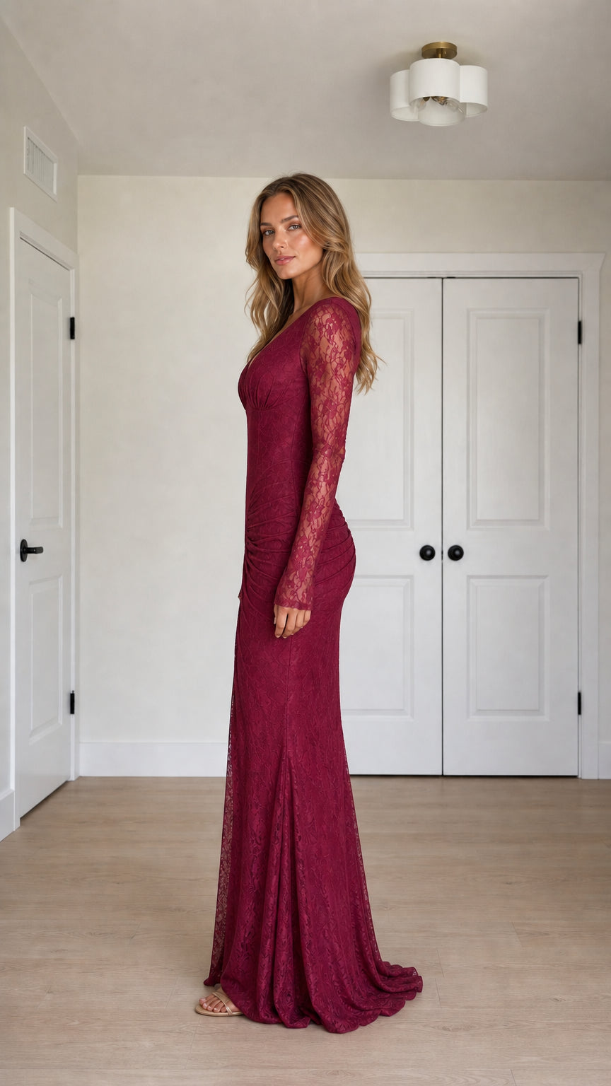 Side profile of burgundy long sleeve floral lace formal dress