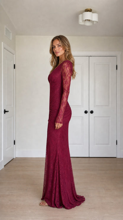 Side profile of burgundy long sleeve floral lace formal dress