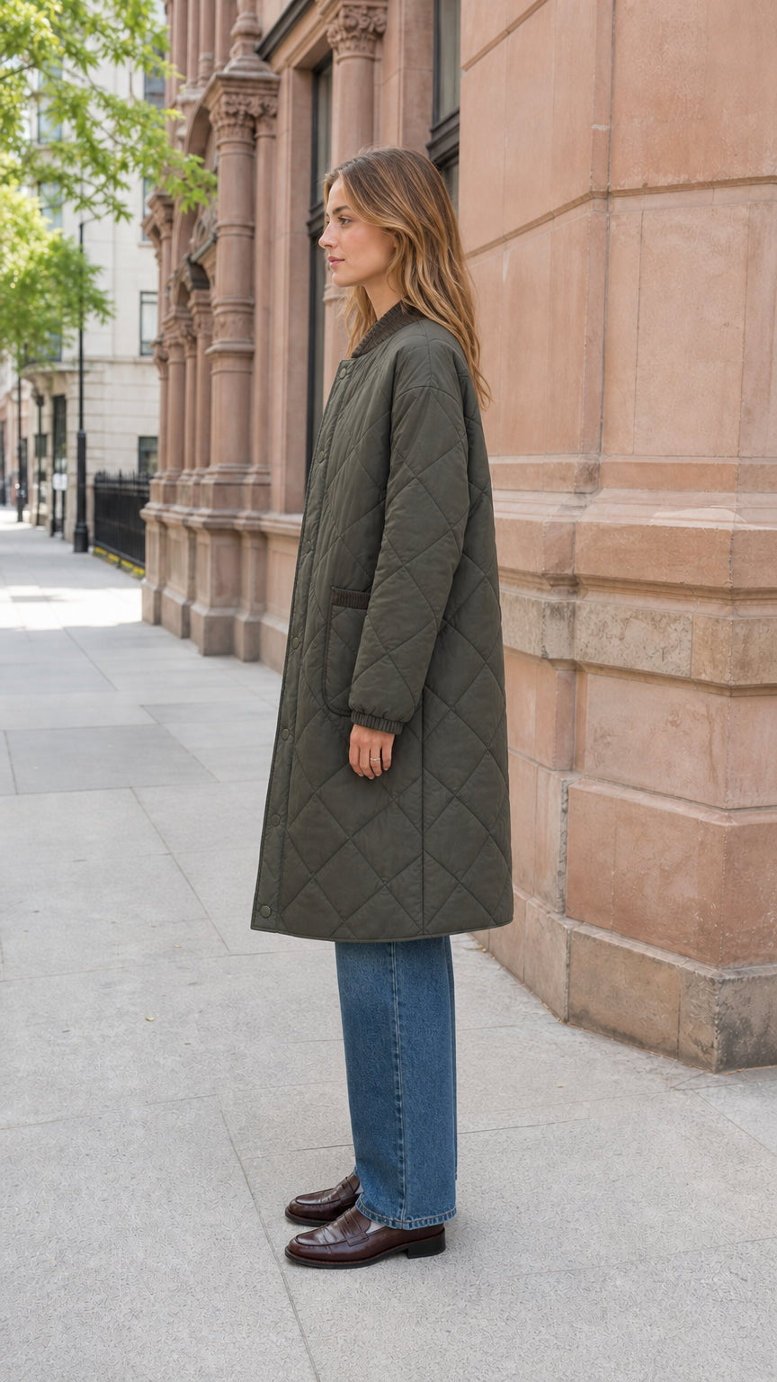 Side profile view of woman wearing olive green diamond quilted midi coat