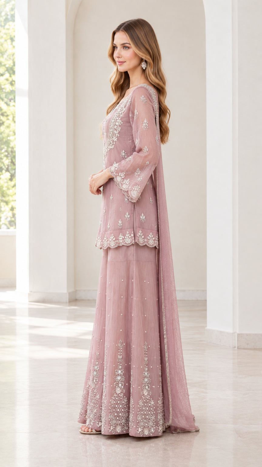 Side profile view of women wearing dusty rose 3-piece embellished sharara suit set