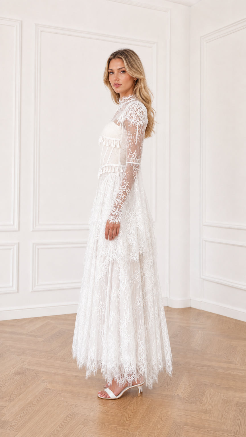 White lace evening gown with tiered skirt side view