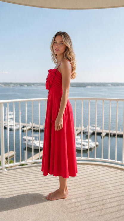 Side view of red midi dress with 3D bodice detail