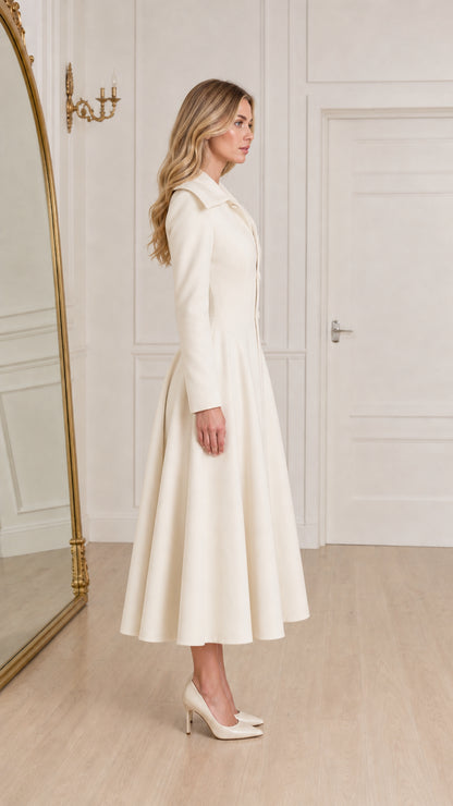 Side profile of model wearing ivory white swing midi coat dress