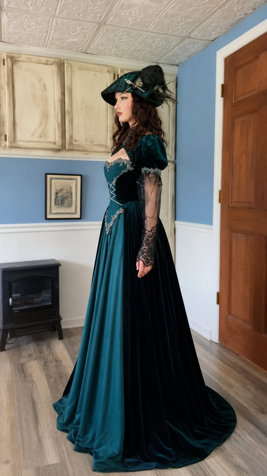 Side profile view of emerald green Renaissance velvet gown