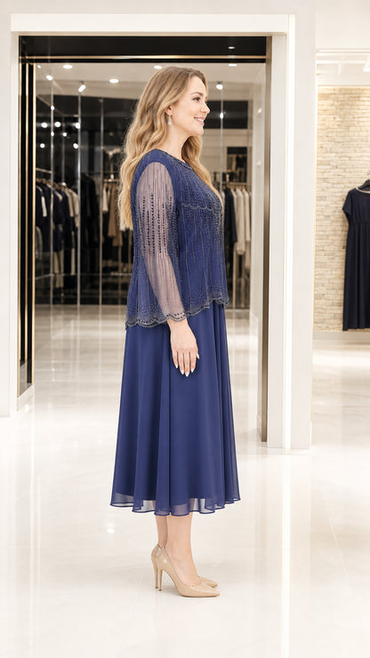 Side profile view of navy formal dress