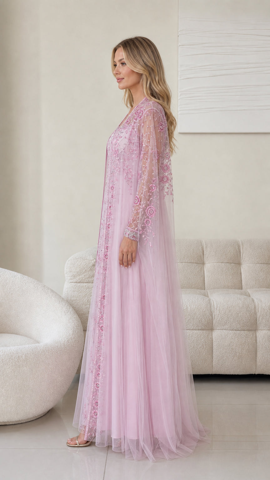 Side profile of pink evening dress set