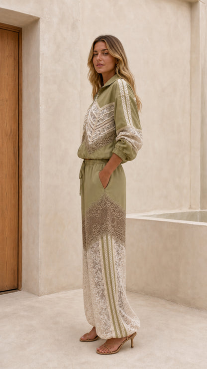 Side profile view of sage green lace matching set