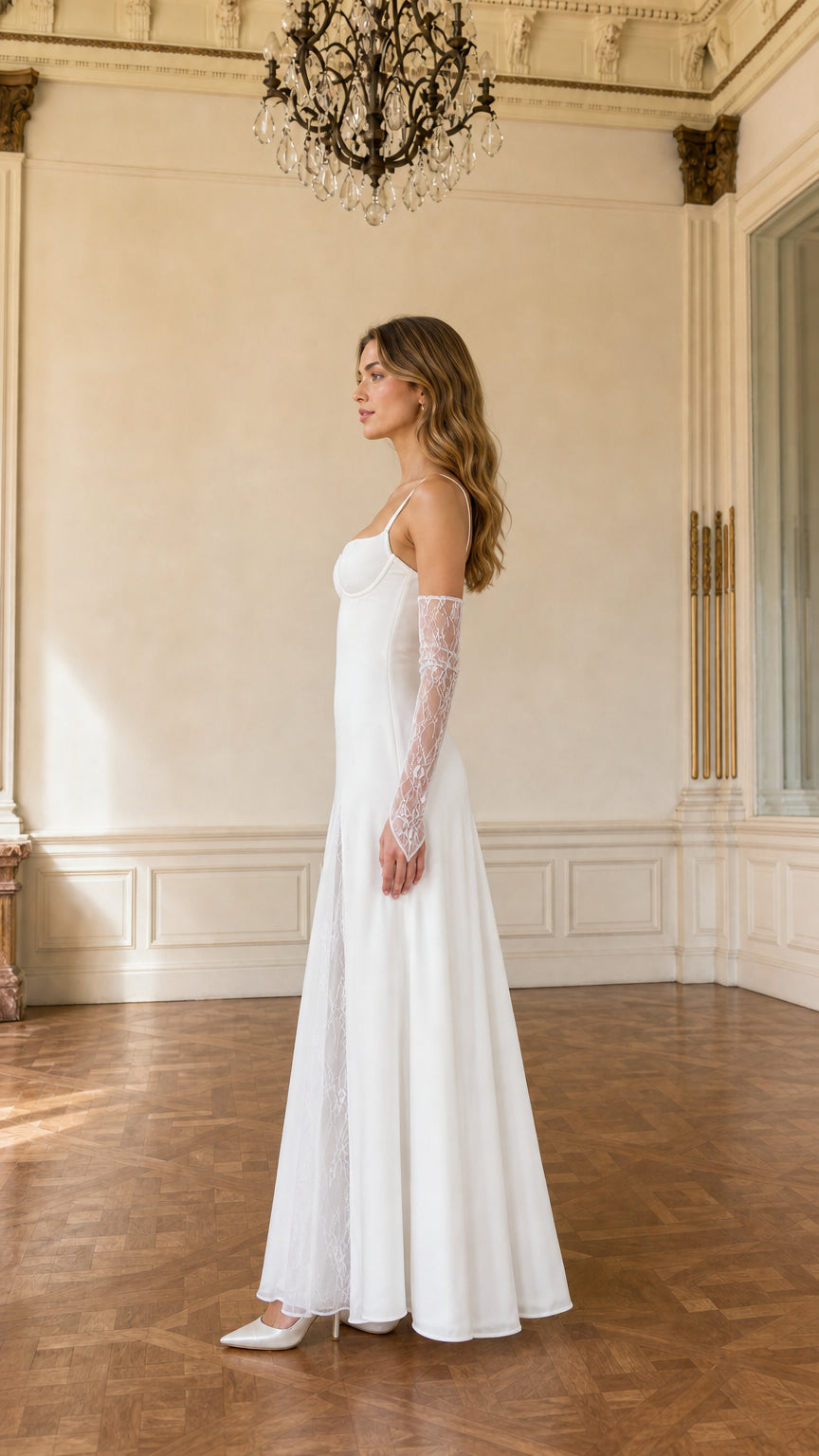 Side profile of white sweetheart bustier floor-length formal dress