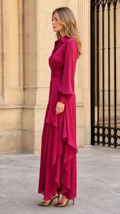 Side profile of model wearing fuchsia maxi shirt dress