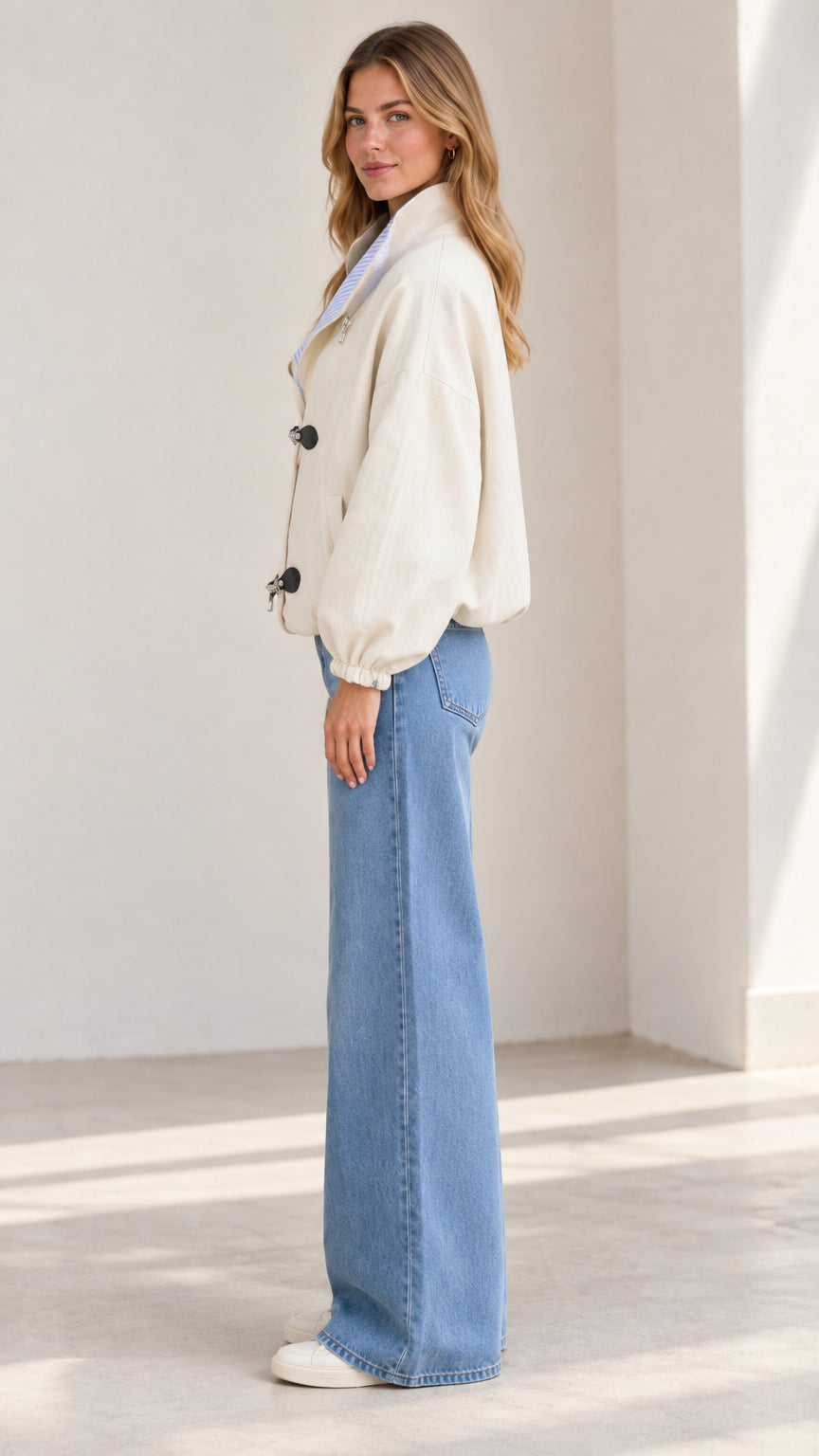 Side profile view of the woman modeling the beige casual toggle jacket