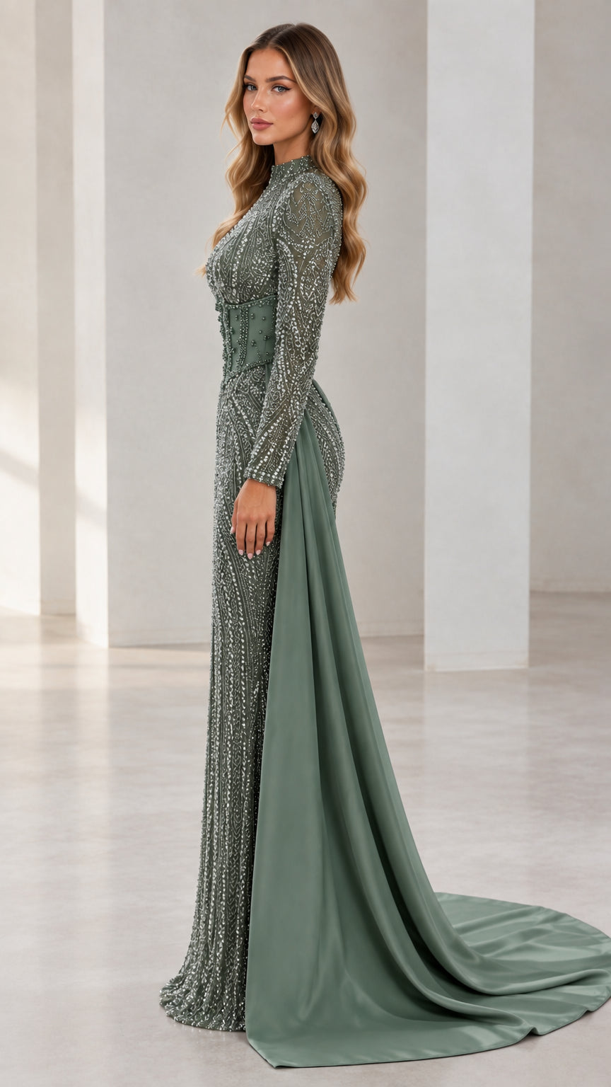 Side profile of Sage Green beaded formal dress showing long sleeves and flowing train