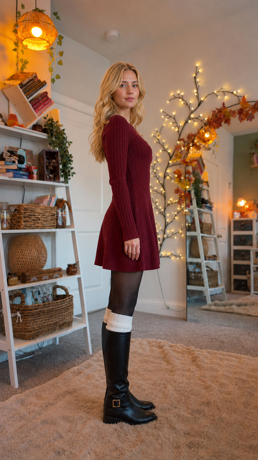 Side profile view of burgundy ribbed knit skater dress